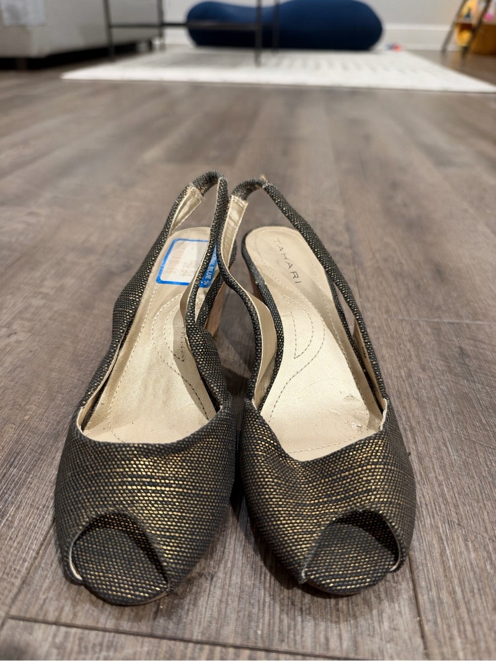 Tahari Black and Gold Slingback Peep-Toe Heels